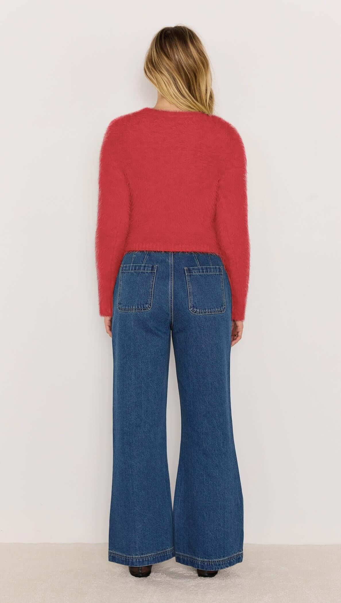 Irena Fluffy Sweater - Red fluffy cropped knit jumper with high neck and long sleeves