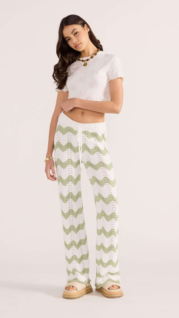 Jayden Crochet Wave Pant - Green & White Striped - MINKPINK