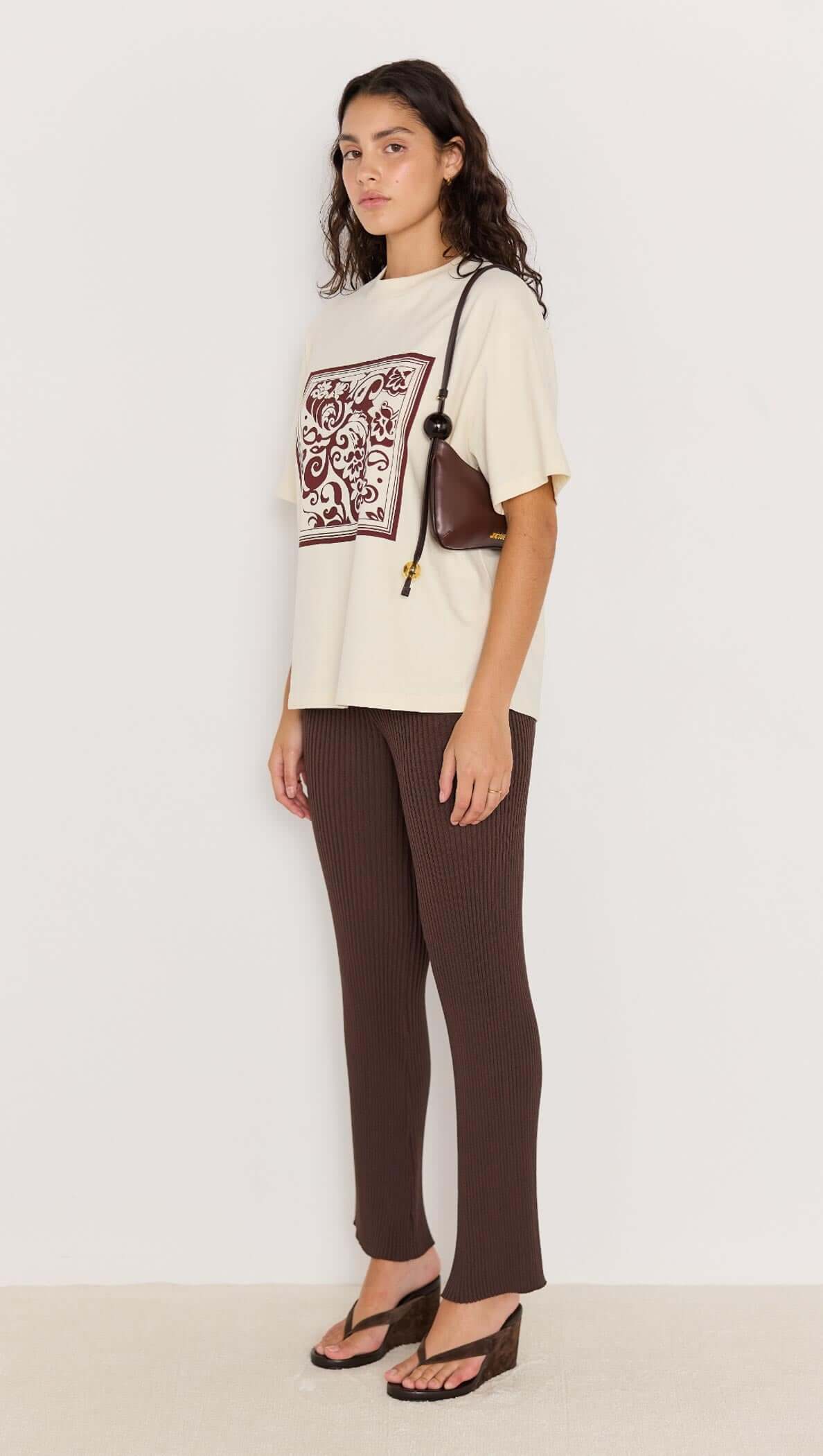 Keani knit pants - brown knit pants, elasticated, slim fit with kick flare. part of matching set.