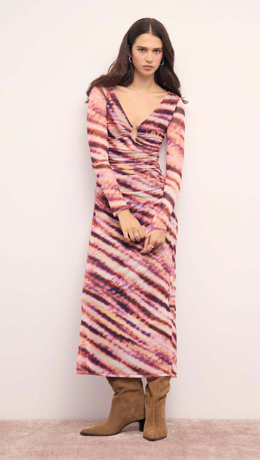 Model wearing the Pink & Purple Striped Mesh Midi Dress featuring a plunging neckline and long sleeves.