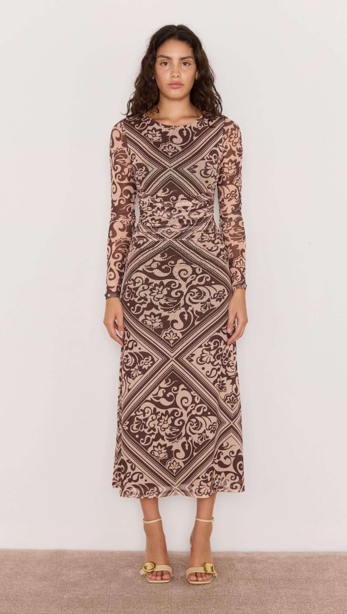 Lumi Mesh Midi Dress - Baroque print midi dress in brown, midi length, lined.