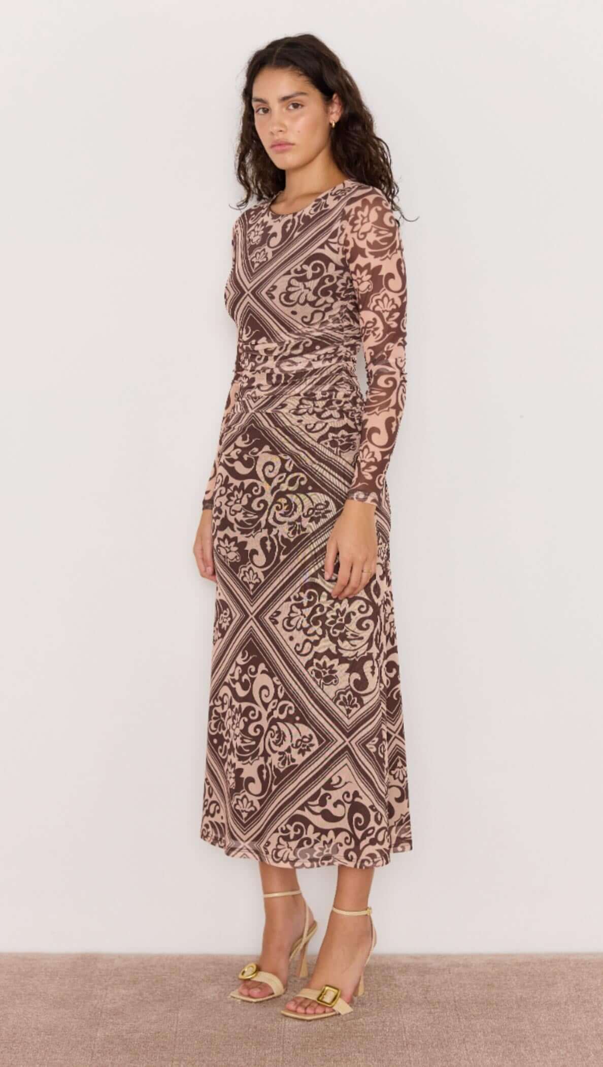 Lumi Mesh Midi Dress - Baroque print midi dress in brown, midi length, lined.