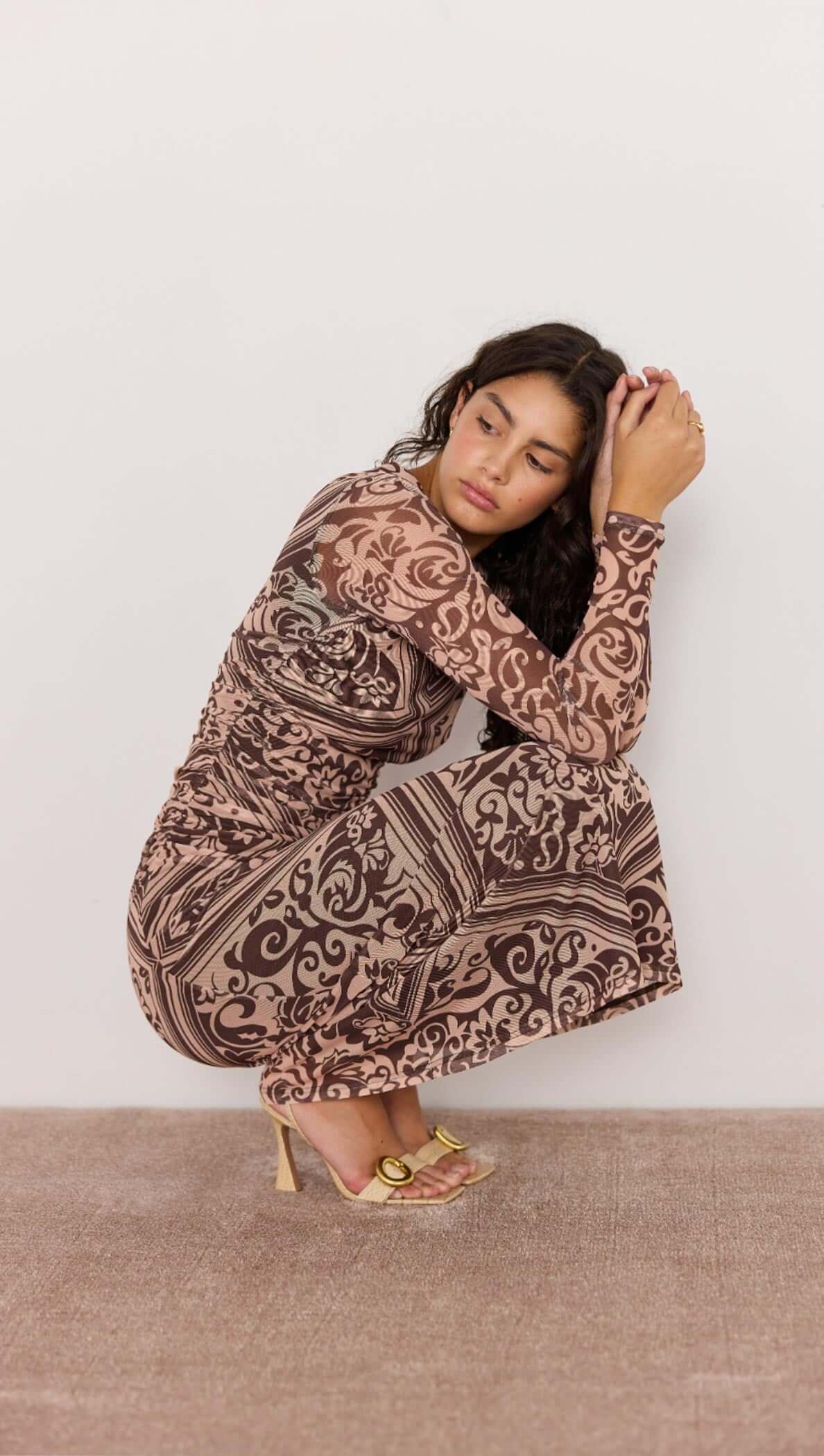 Lumi Mesh Midi Dress - Baroque print midi dress in brown, midi length, lined.