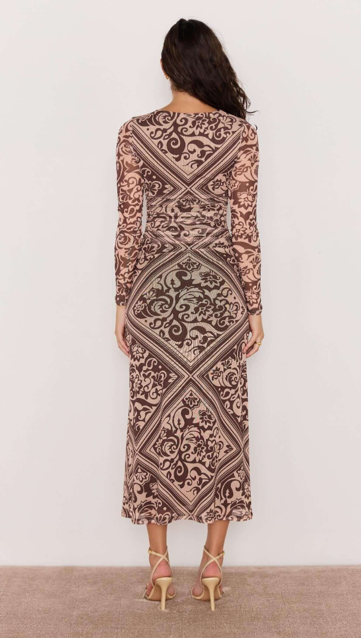 Lumi Mesh Midi Dress - Baroque print midi dress in brown, midi length, lined.