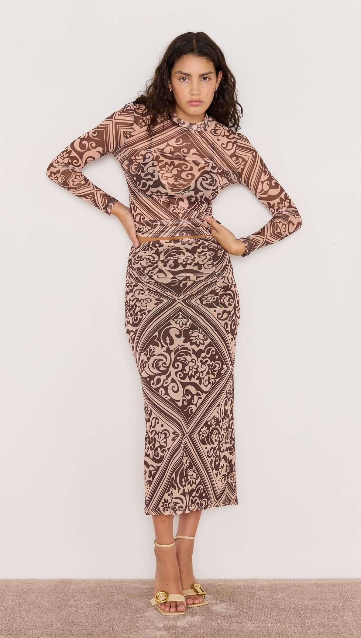 Lumi Mesh Skirt - Baroque print mesh skirt in brown, midi length, lined. Part of Matching Set.