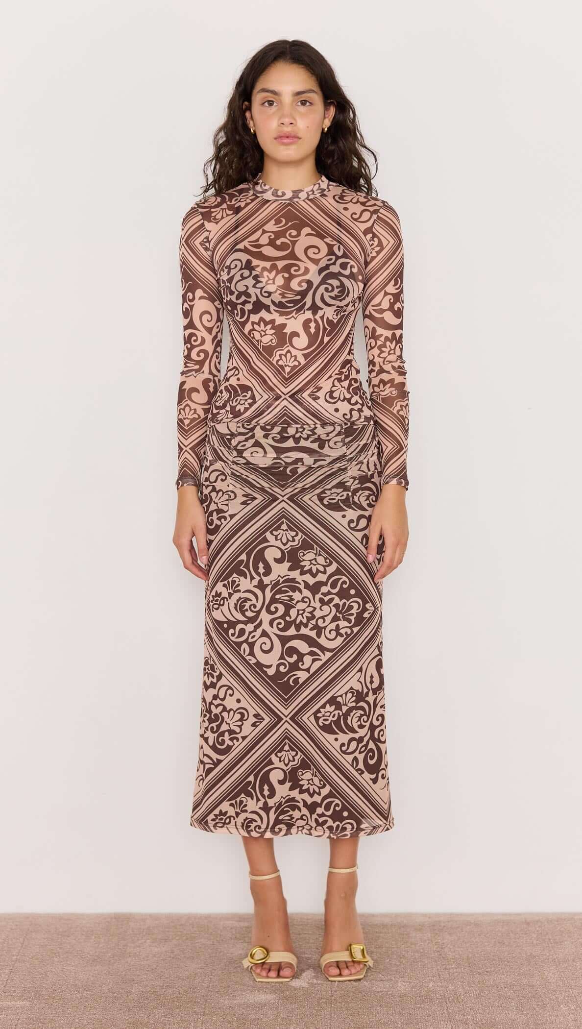 Lumi Mesh Skirt - Baroque print mesh skirt in brown, midi length, lined. Part of Matching Set.