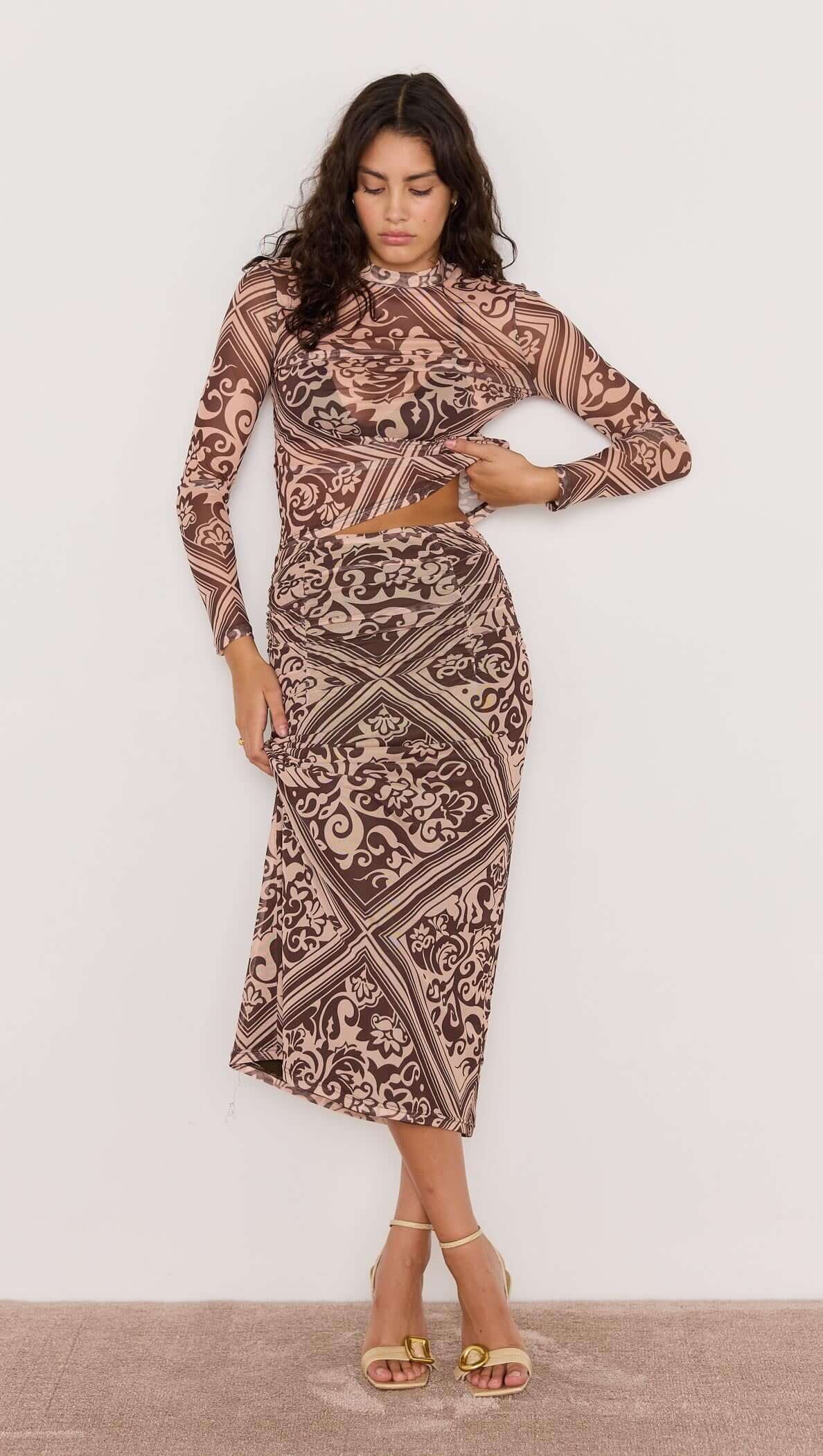 Lumi Mesh Skirt - Baroque print mesh skirt in brown, midi length, lined. Part of Matching Set.