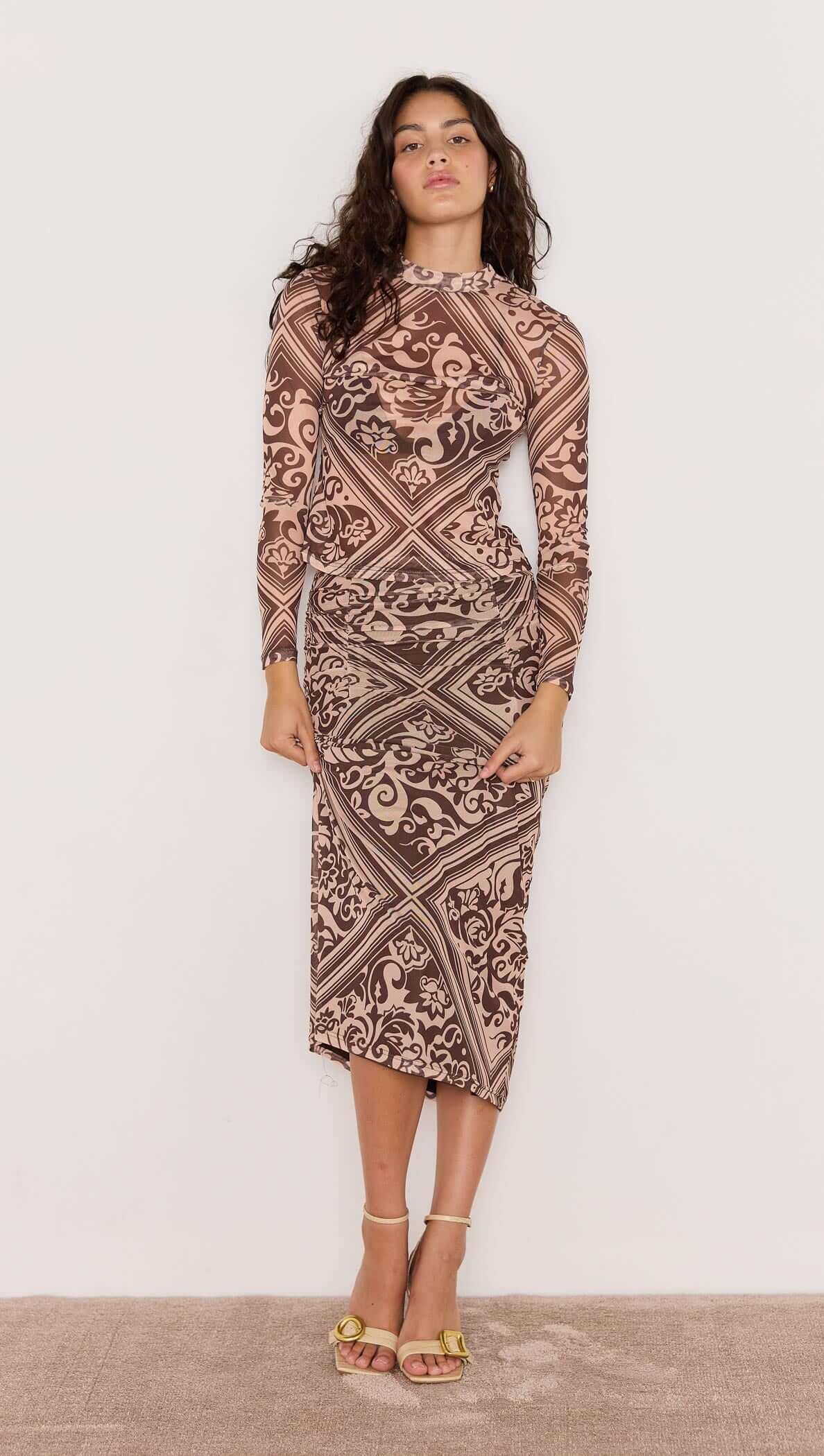 Lumi Mesh Top - Baroque print mesh top in brown, high neck and long sleeves. Part of Matching Set.