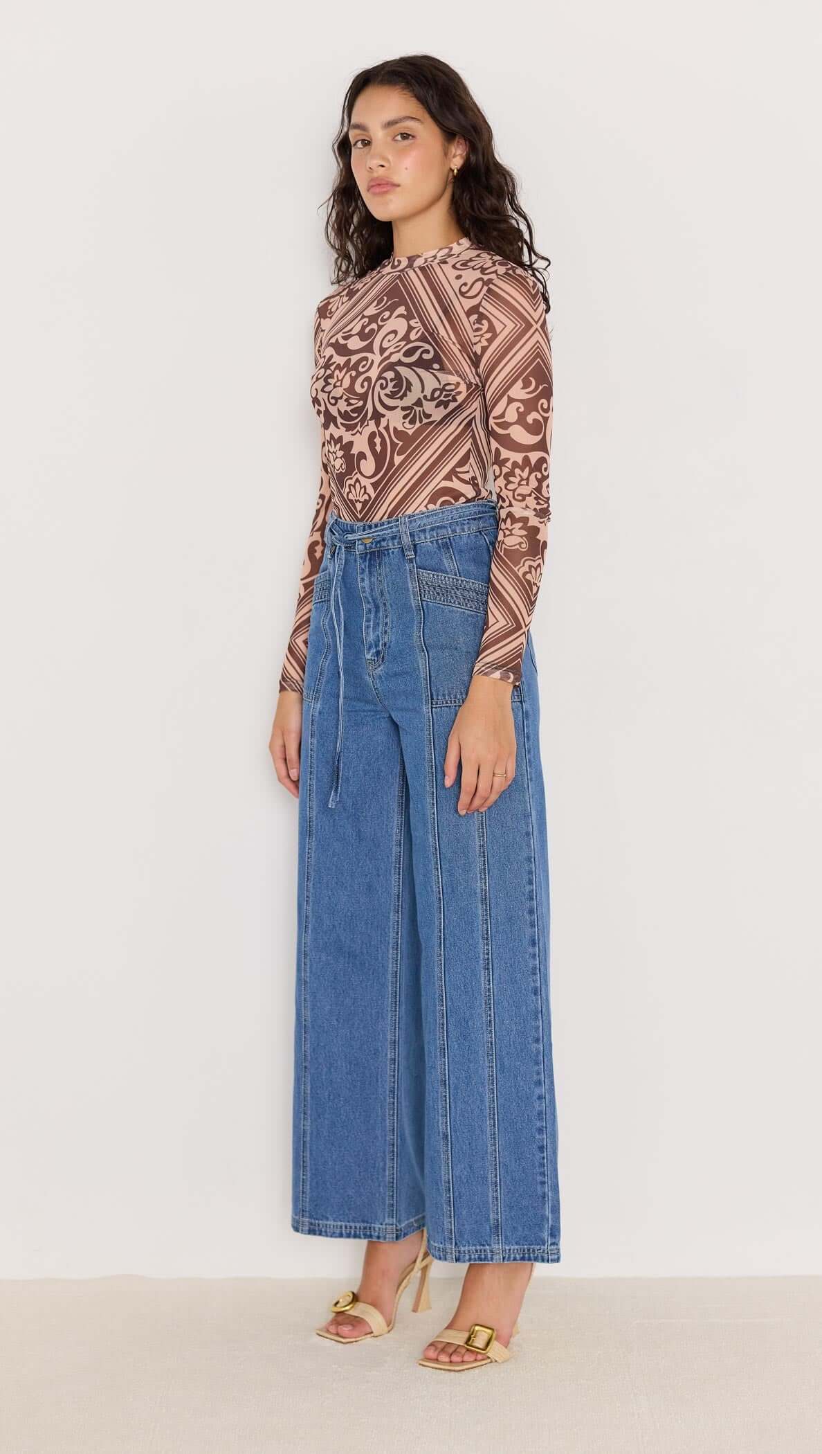 Lumi Mesh Top - Baroque print mesh top in brown, high neck and long sleeves. Part of Matching Set.
