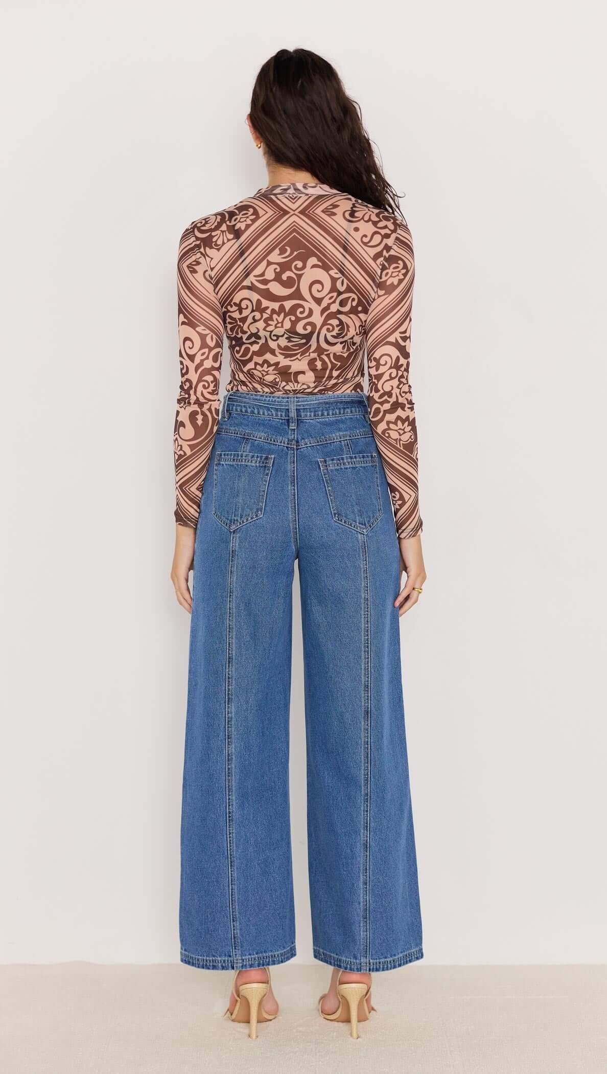 Lumi Mesh Top - Baroque print mesh top in brown, high neck and long sleeves. Part of Matching Set.