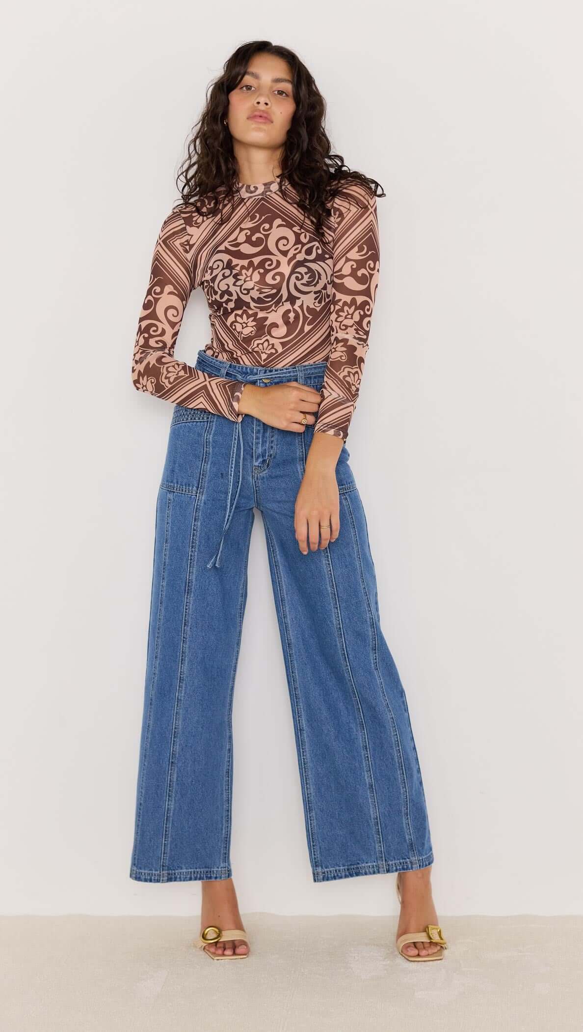 Lumi Mesh Top - Baroque print mesh top in brown, high neck and long sleeves. Part of Matching Set.