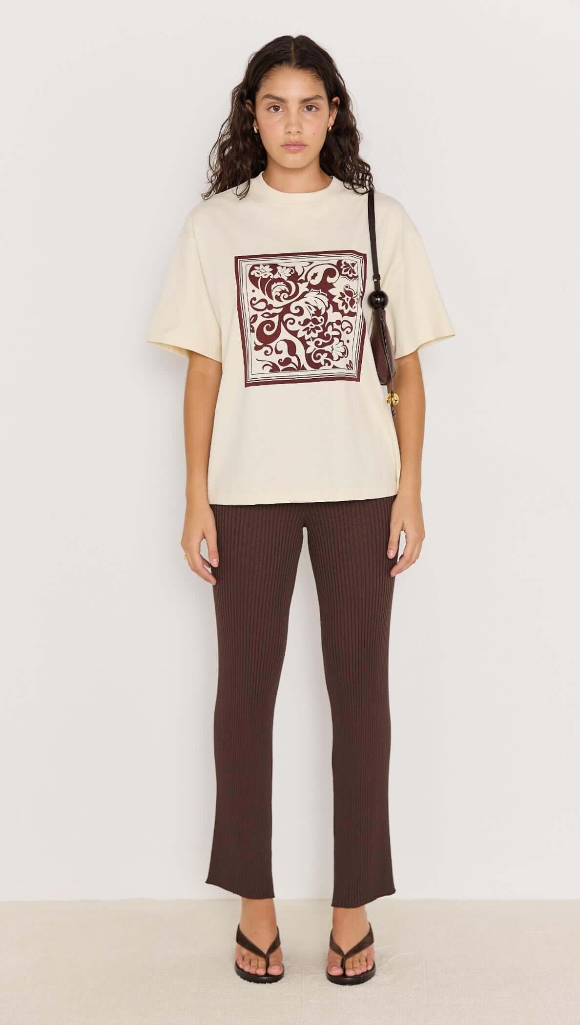 Lumi Oversized Tee - cream T-shirt with brown baroque print. Shot Sleeves.