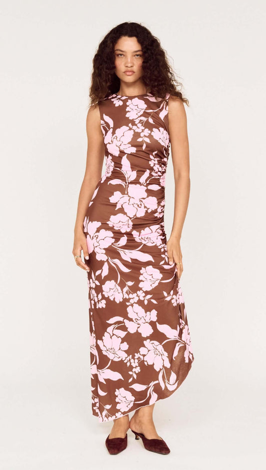 Sleeveless Pink Floral Mesh Midi Dress displayed on a model, featuring oversized floral print and fitted silhouette.