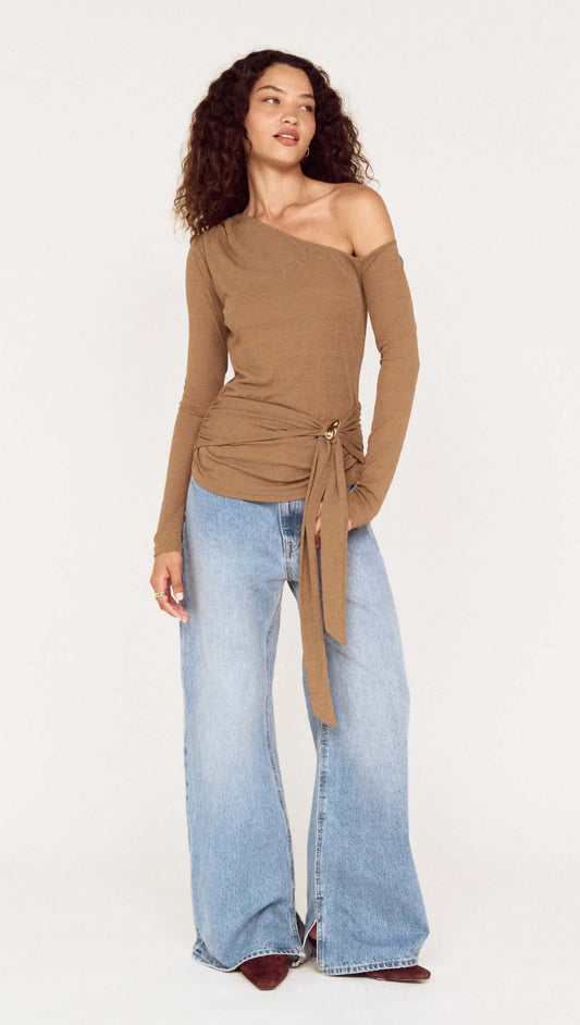 Coffee Off Shoulder Mesh Top with Tie Detail displayed on a model, featuring a modern design in a soft, stylish fabric.