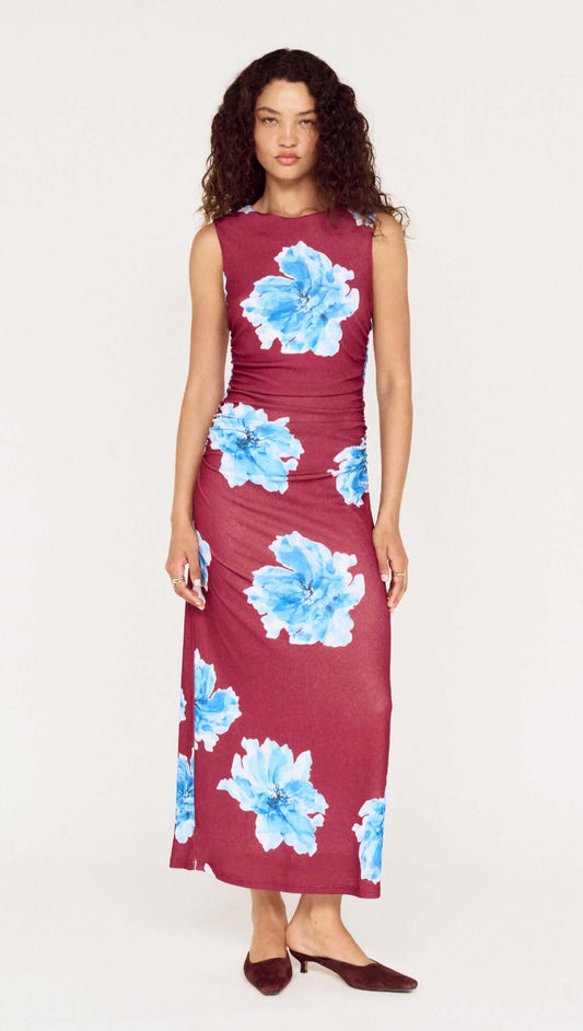 Blue Floral Print Sleeveless Mesh Midi Dress