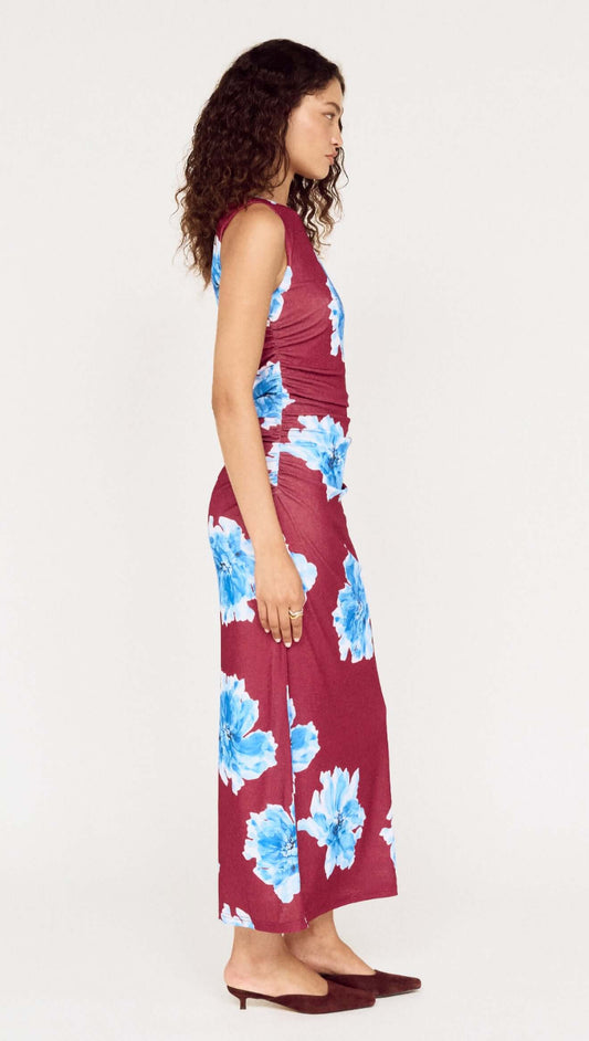Blue Floral Print Sleeveless Mesh Midi Dress