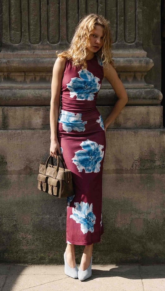 Blue Floral Print Sleeveless Mesh Midi Dress