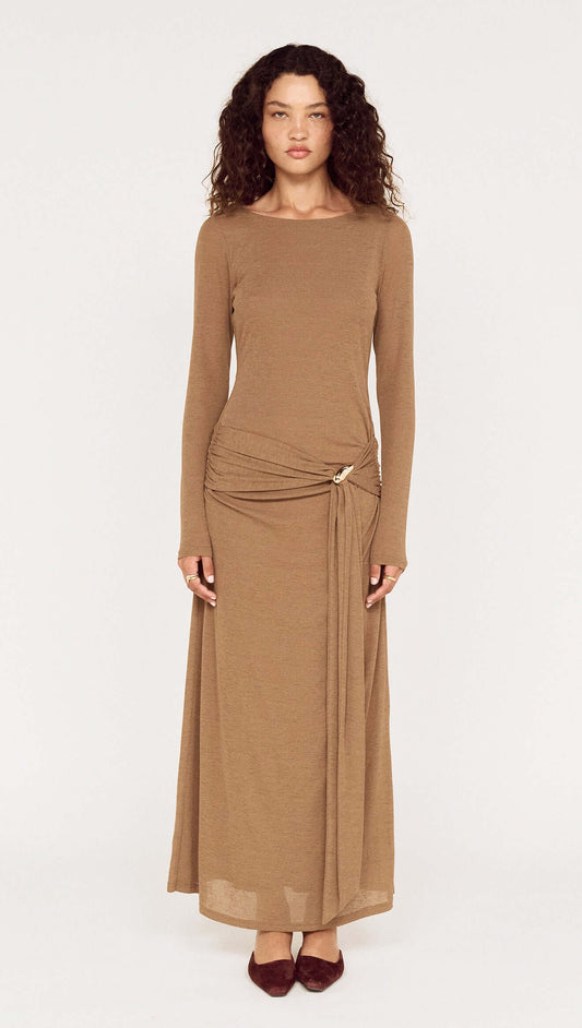 Long Sleeve Mesh Midi Dress with Tie Waist Detail in a natural tone, featuring a flattering silhouette and soft fabric.
