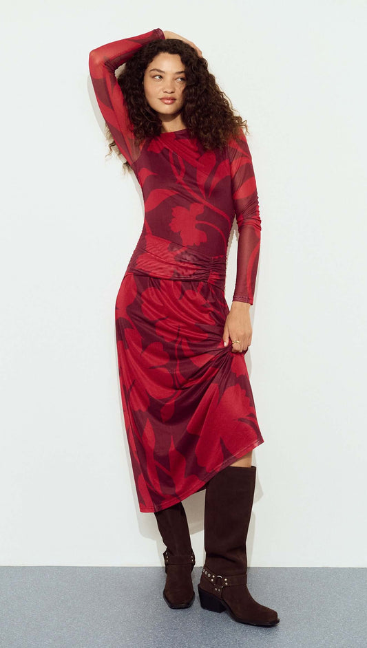 Oversized Floral Mesh Midi Dress with Gather Detail worn by model, featuring a bold floral print and flattering silhouette.