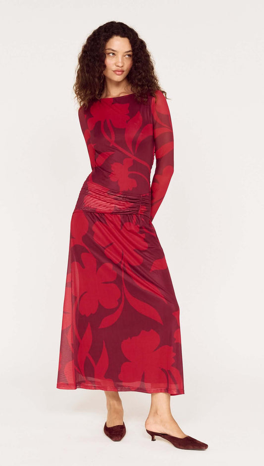 Oversized Floral Mesh Midi Dress with Gather Detail in red floral design, featuring a sheer fabric and elegant style.