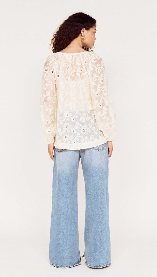Back view of a model wearing a Cream Broderie Baloon Sleeve Blouse with wide-leg jeans.