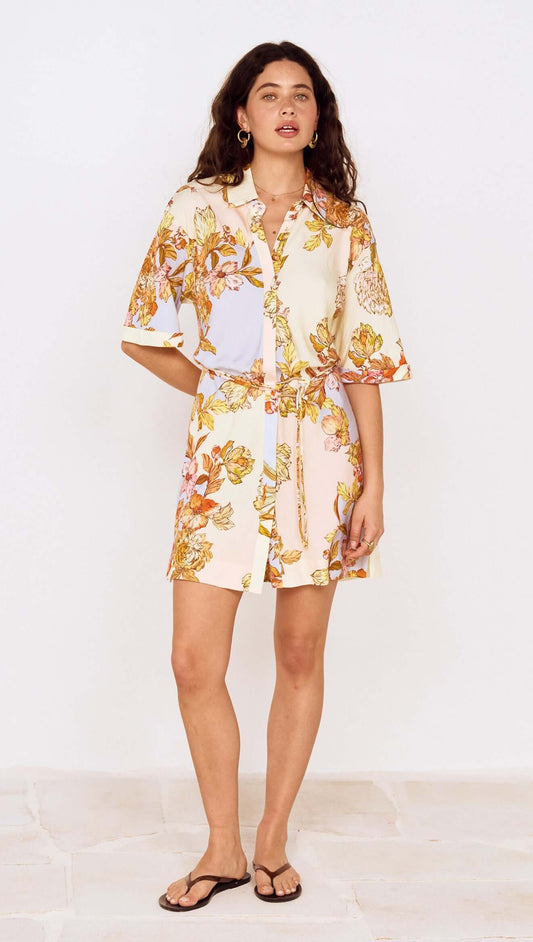 Pastel Floral Mini Shirt Dress featuring oversized florals and a relaxed fit, perfect for an elevated everyday style.