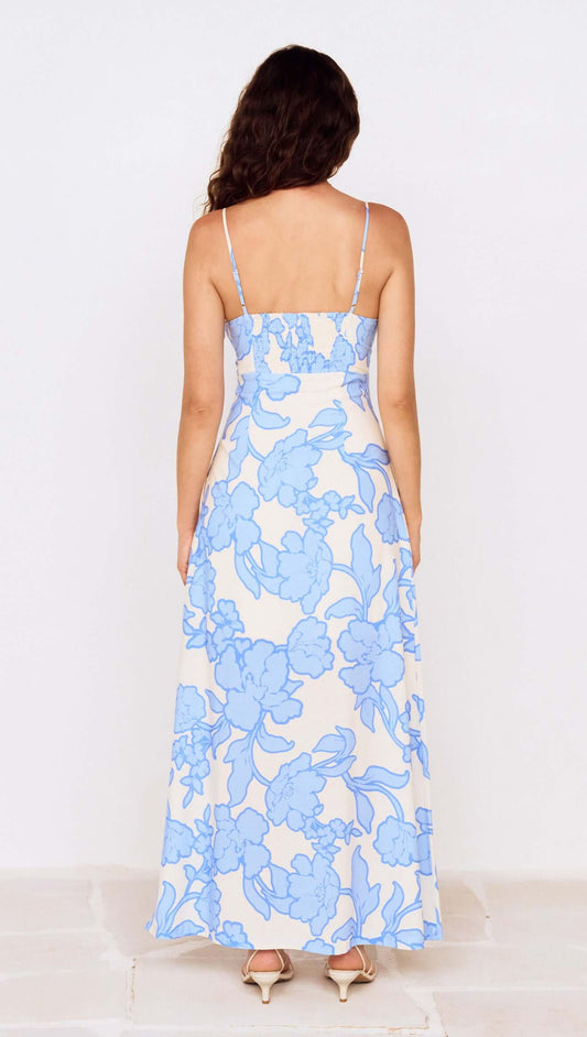 Blue Floral Twist Front Maxi Dress with Side Split