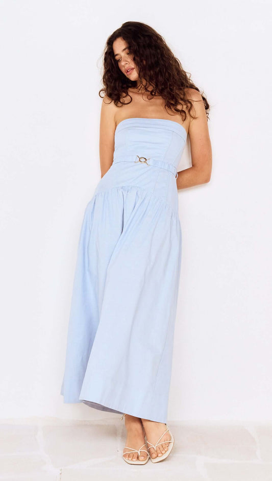 Baby Blue Drop Waist Midi Dress with Belt Detail featuring a strapless design and flowing skirt.