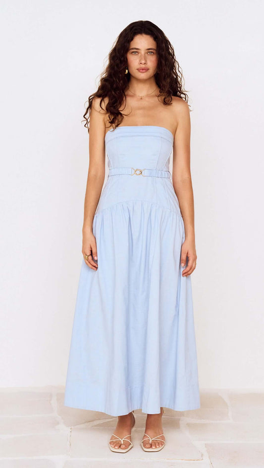 Baby Blue Drop Waist Midi Dress with Belt Detail worn by a model in a studio setting.