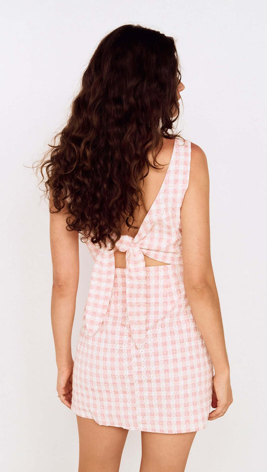 Back view of a model wearing a Pink Gingham Tie Back Cotton Mini Dress with a tie closure and pink gingham pattern.