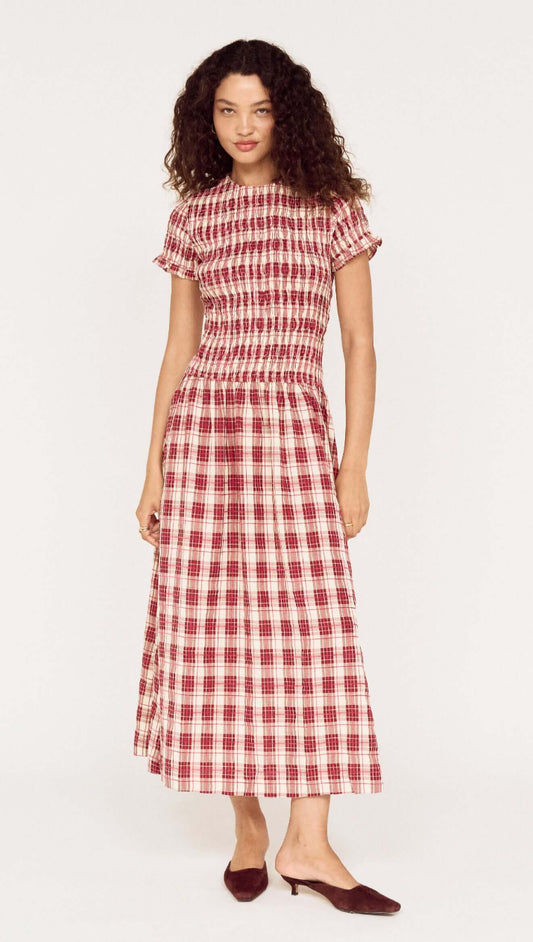 Short Sleeve Shirred Check Midi Dress featuring a classic red and white check pattern and elegant shirred details.