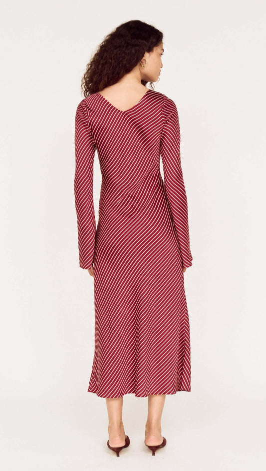 Rear view of a woman wearing the Burgundy Pinstripe Bias Cut Midi Dress with flared sleeves and a flowing silhouette.
