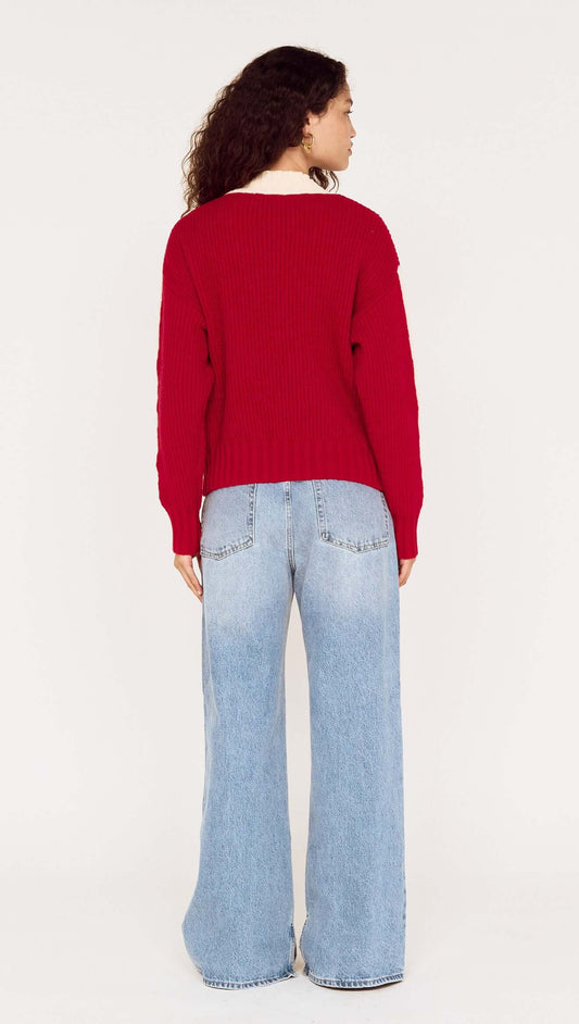 Relaxed Red Contrast Stripe Jumper shown from the back, paired with wide-leg jeans, showcasing sporty vibe and comfort.