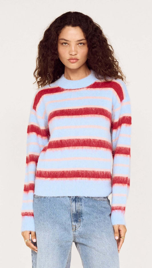 Peppermint Stripe Fluffy Jumper featuring bold red and blush stripes on a soft blue base, perfect for cool-weather style.