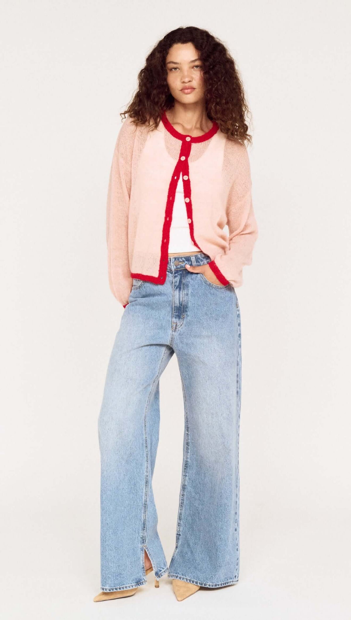 Sheer Contrast Trim Pink Cardigan styled with a white tank top and wide-leg jeans.