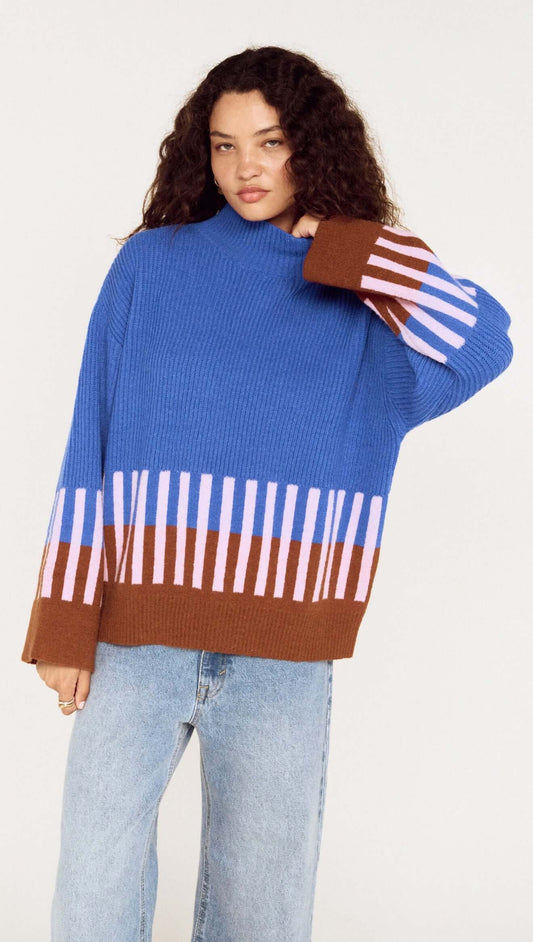 Cobalt Blue Intarsia Detail Jumper featuring striped design and relaxed fit, perfect for stylish knitwear rotation.