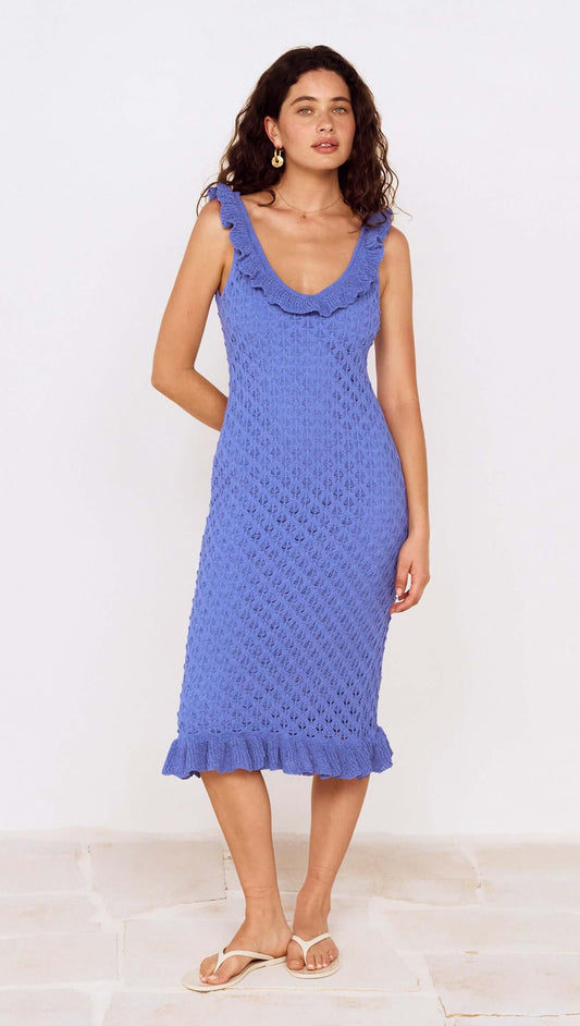 Cobalt Blue Pointelle Midi Dress with Frill Detail displayed on a model in a bright setting.