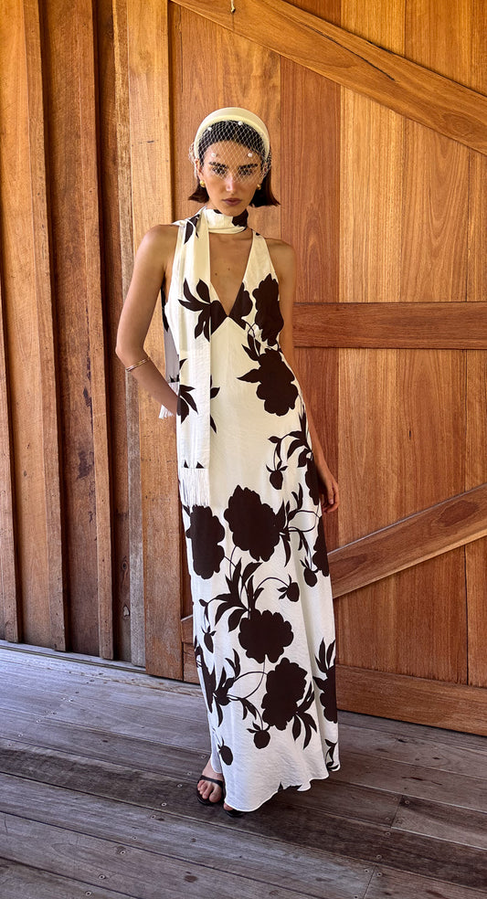 Brown and Cream Floral Halter Neck Maxi Dress