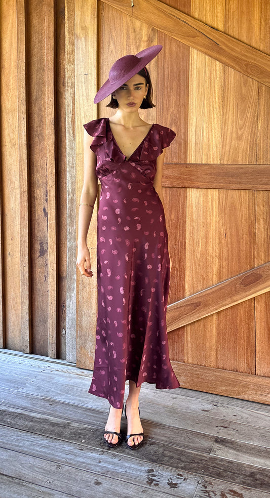 Wine Satin Paisley Ruffled Bias Midi Dress