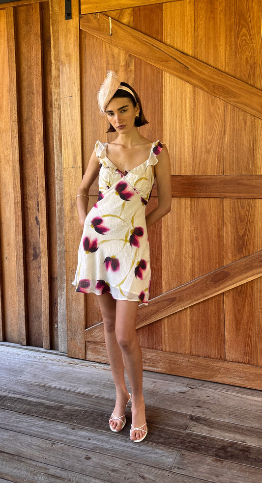 Floral Ruffle Detail Bias Mini Dress