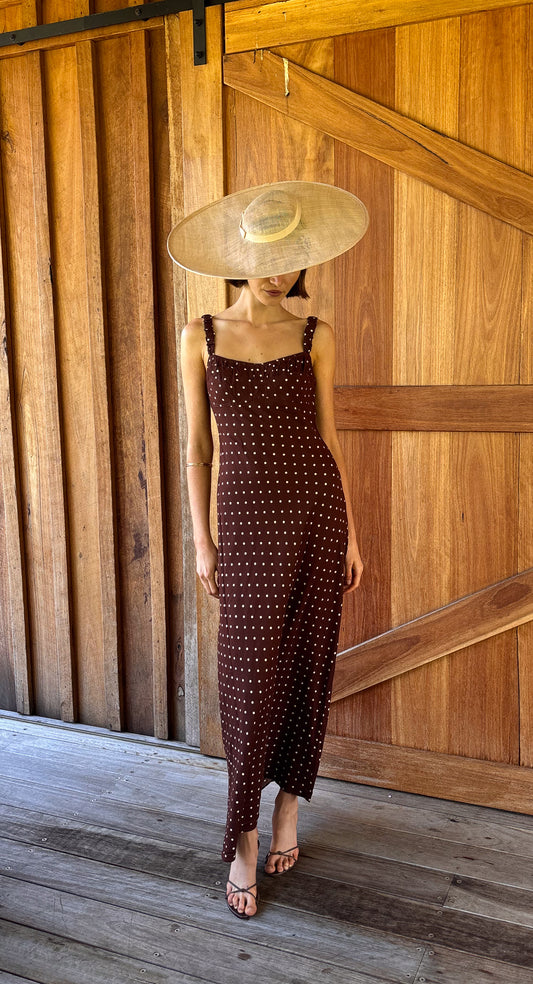 Brown Linen Blend Polka Dot Square Neck Midi Dress
