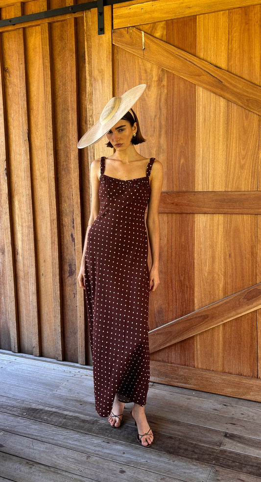 Brown Linen Blend Polka Dot Square Neck Midi Dress