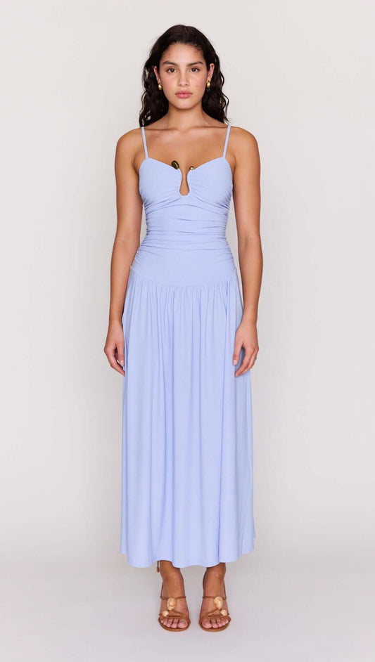 Model wearing a Powder Blue Mesh Drop Waist Maxi Dress featuring a ruched bodice and keyhole detail.