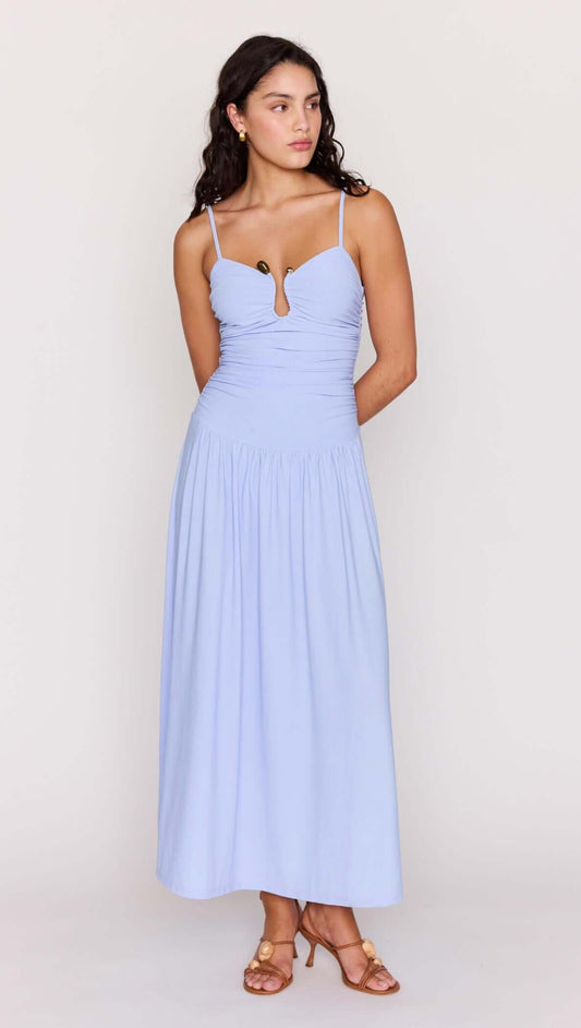 Model showcasing the Powder Blue Mesh Drop Waist Maxi Dress with a ruched bodice and keyhole detail.