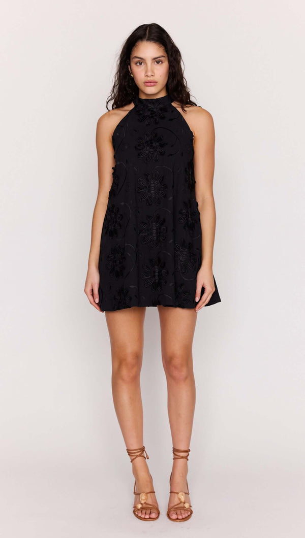 Black Cotton Applique High Neck Mini Dress - Stylish & Chic