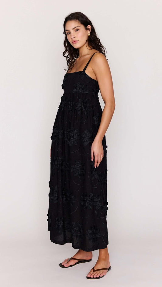 Black Tiered Cotton Applique Midi Dress featuring a fitted bodice and flowing skirt, designed for elegance.