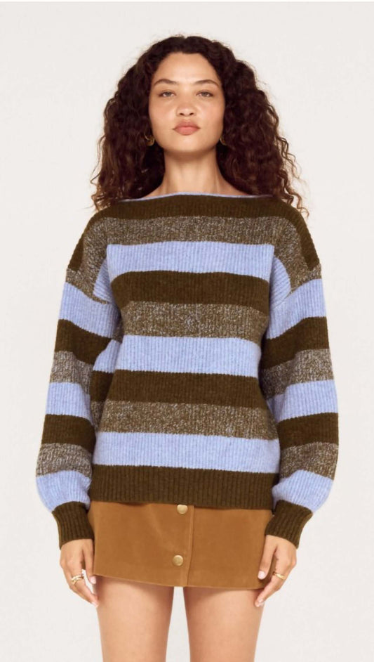 Blue Stripe Soft Boat Neck Jumper displayed on a model, featuring contrasting blue and olive stripes for a stylish look.