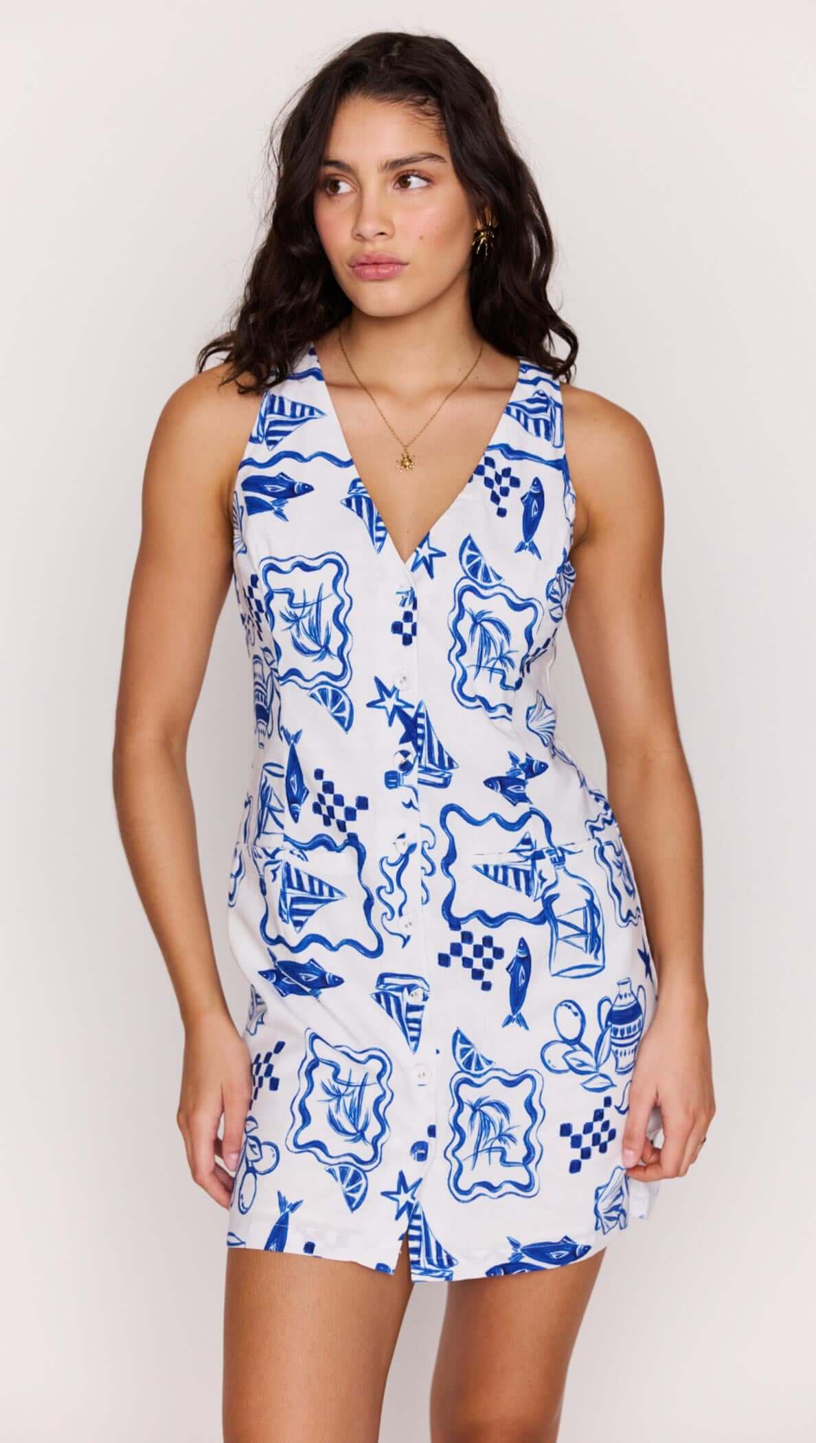 Blue Summer Cotton Blend Button Mini Dress in a vibrant print, perfect for warm-weather outings.