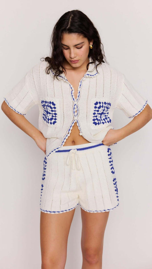 Blue & White Cotton Crochet Knit Shirt modeled with relaxed fit and contrast detailing, perfect for summer styling.