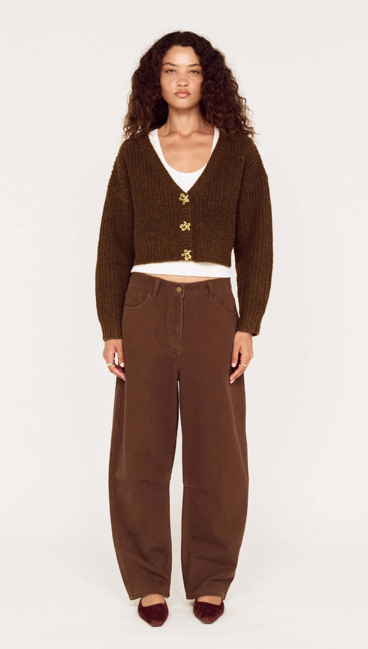 Brown Cropped Cardigan with Gold Button Detail styled with wide-leg pants, perfect for casual layering and everyday wear.
